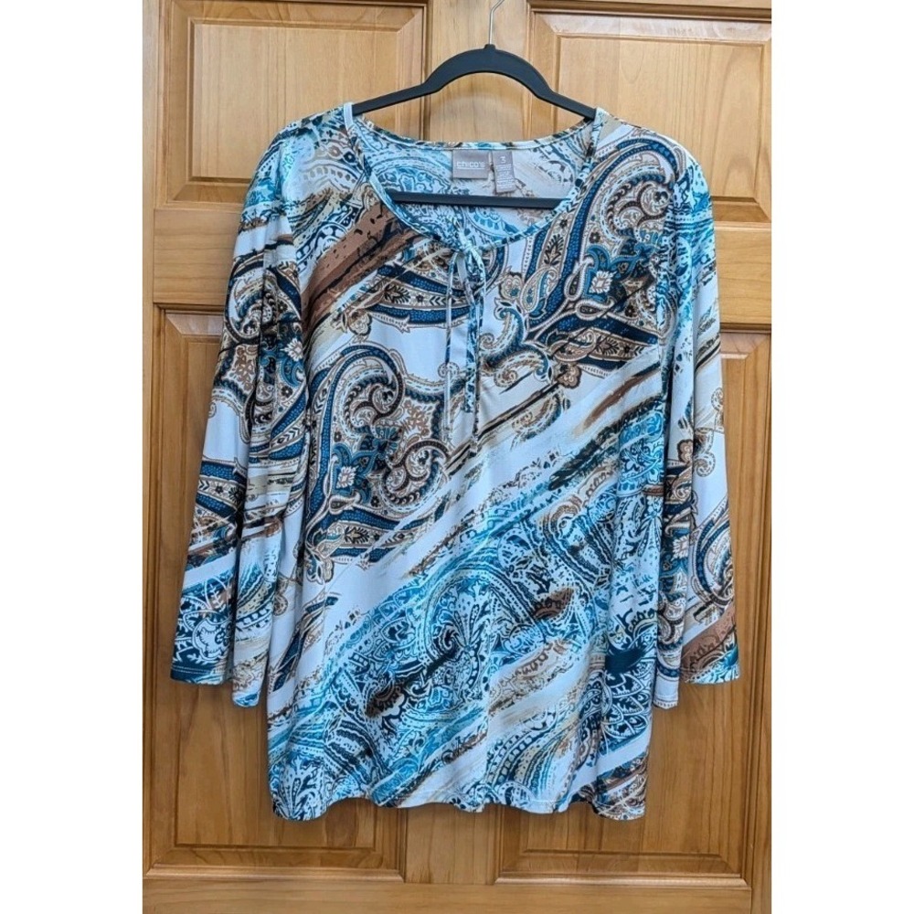 Chico's Teal, Brown and White Paisley Tie-Neck Blouse
